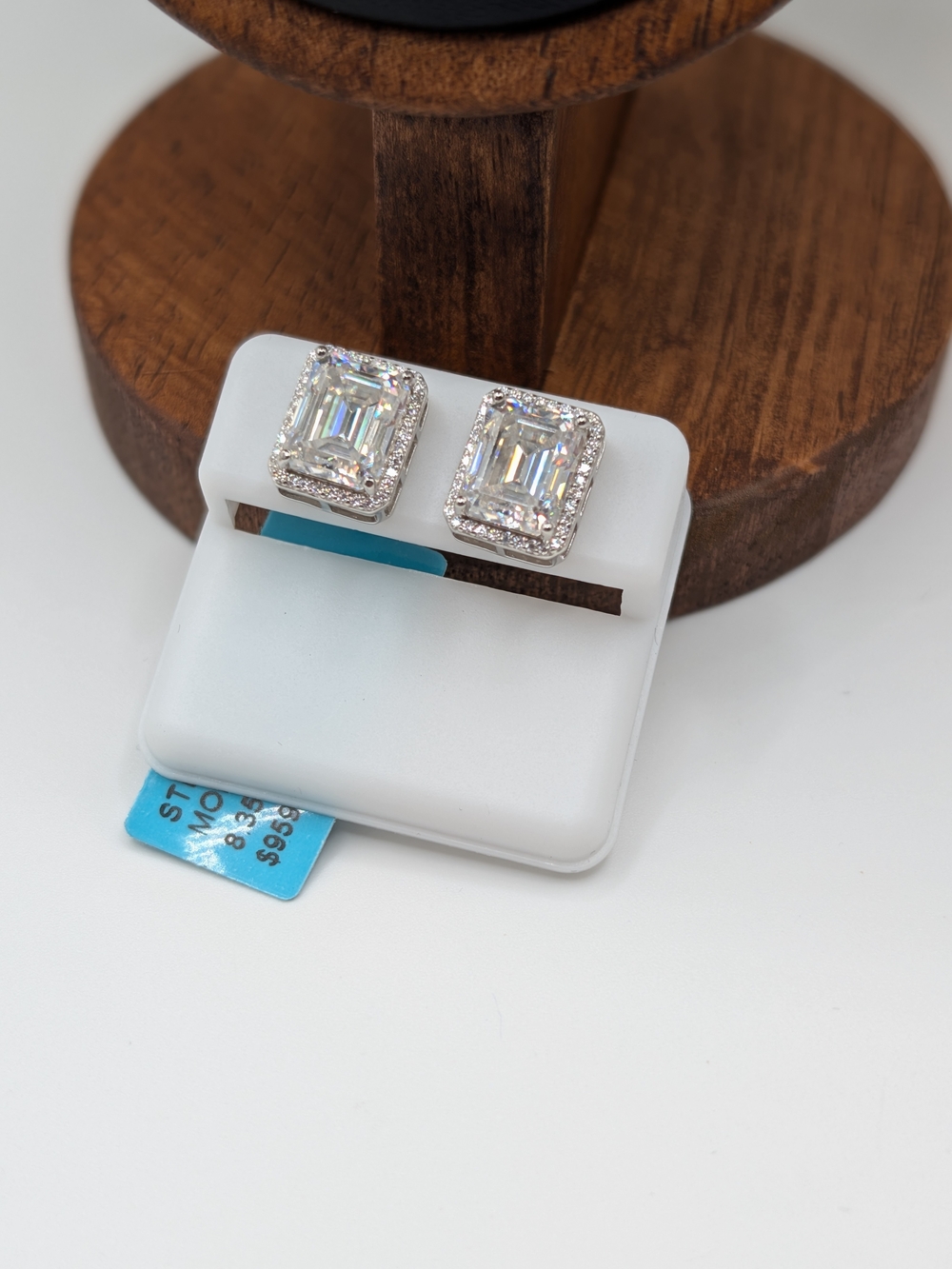NWT 8.35 CTW Emerald Cut Moissanite Halo Stud Earrings Sterling Silver